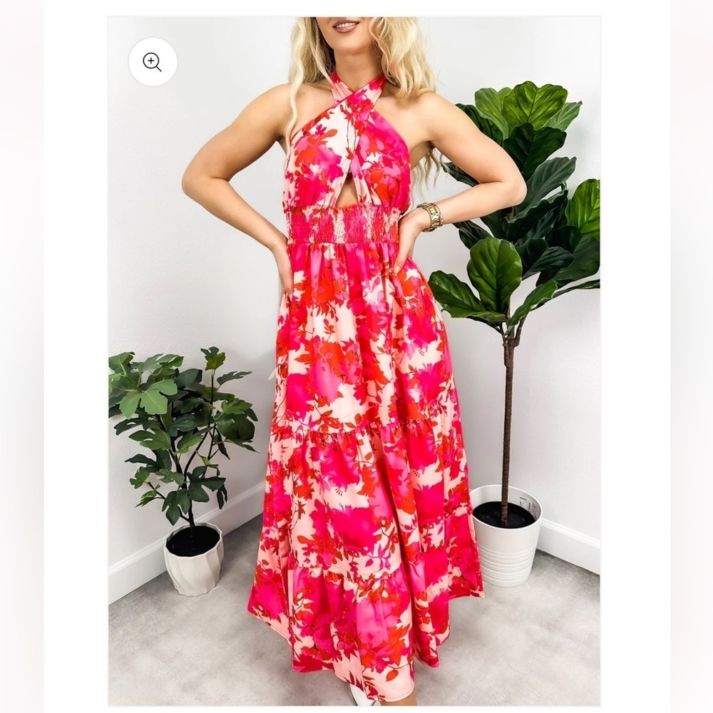 Anna-kaci Cross Neck Halter Printed Dress
